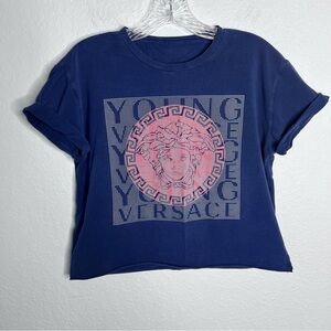 Versace top shirt women Small crop blue cut off hem b3